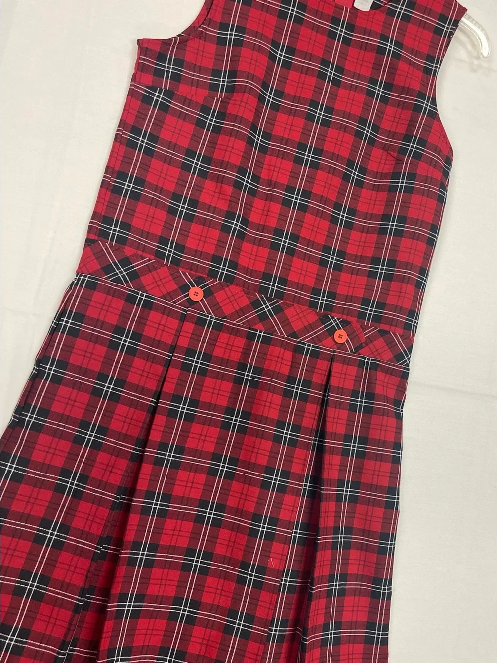 Girls Red Plaid Sleeveless School Dress with Button Waist Detail